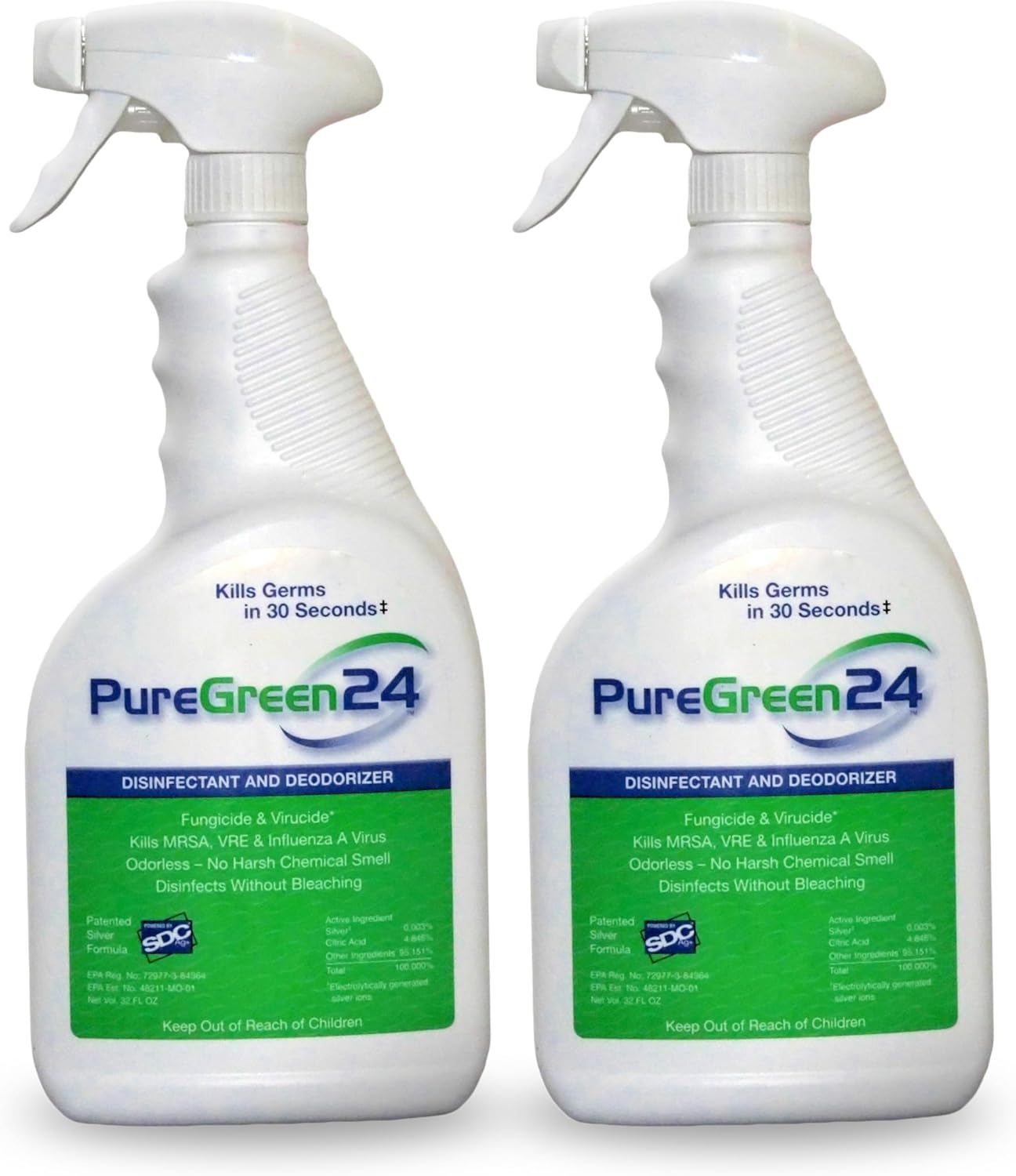 PureGreen24 Safe & Effective Disinfectant. Kills Deadly Germs including RSV COVID-19 Norovirus MRSA Staph 2025 flu Bird flu Contains no toxic chemicals odorless child & pet safe 2 32oz spray bottles