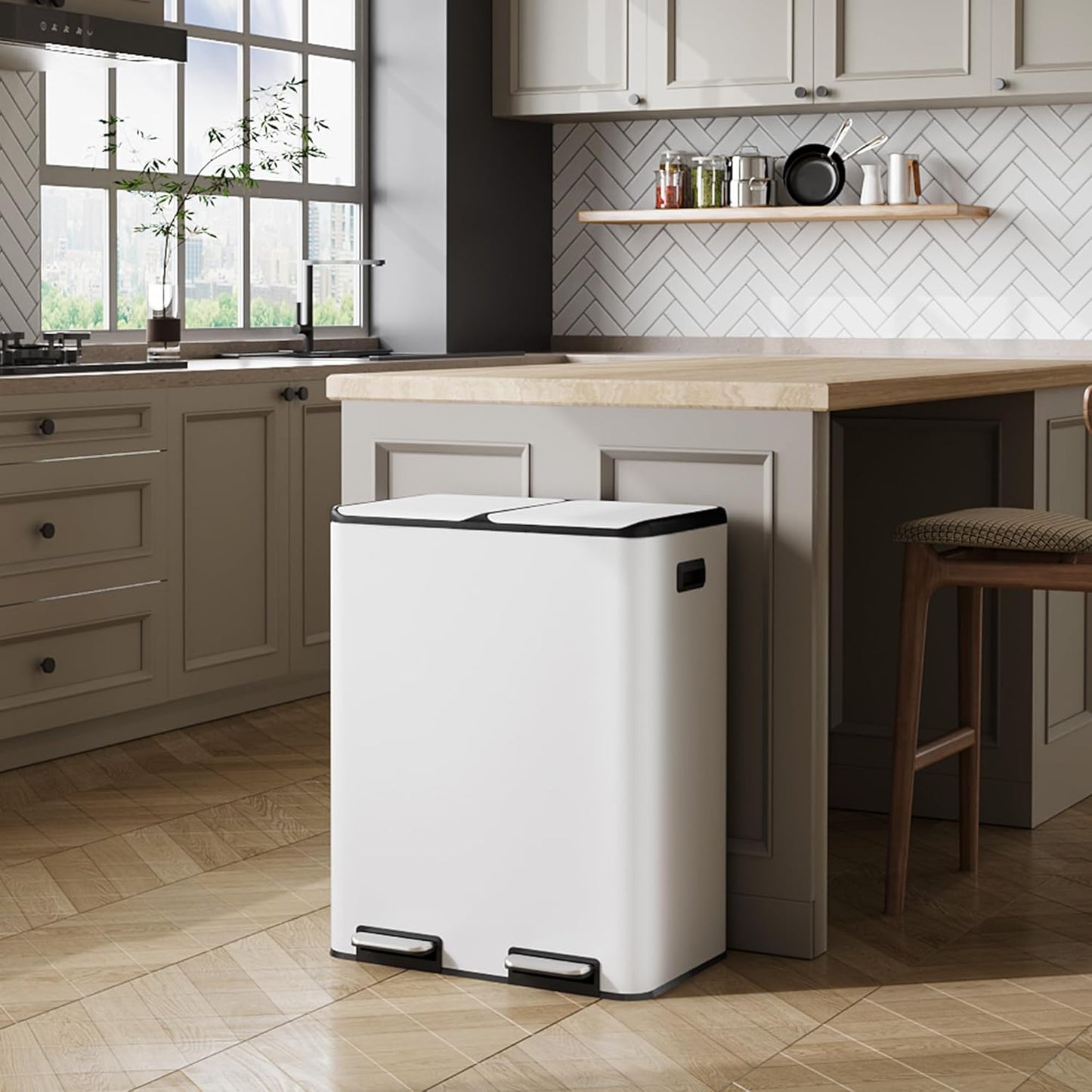 WLIVE Dual Trash Can, 2 x 8 Gallon (2 x 30 L), Step Trash Can with Lid with Inner Buckets, 2 Compartment, Heavy-Duty Stainless Steel Gabage Can for Kitchen with 15 Trash Bags, White