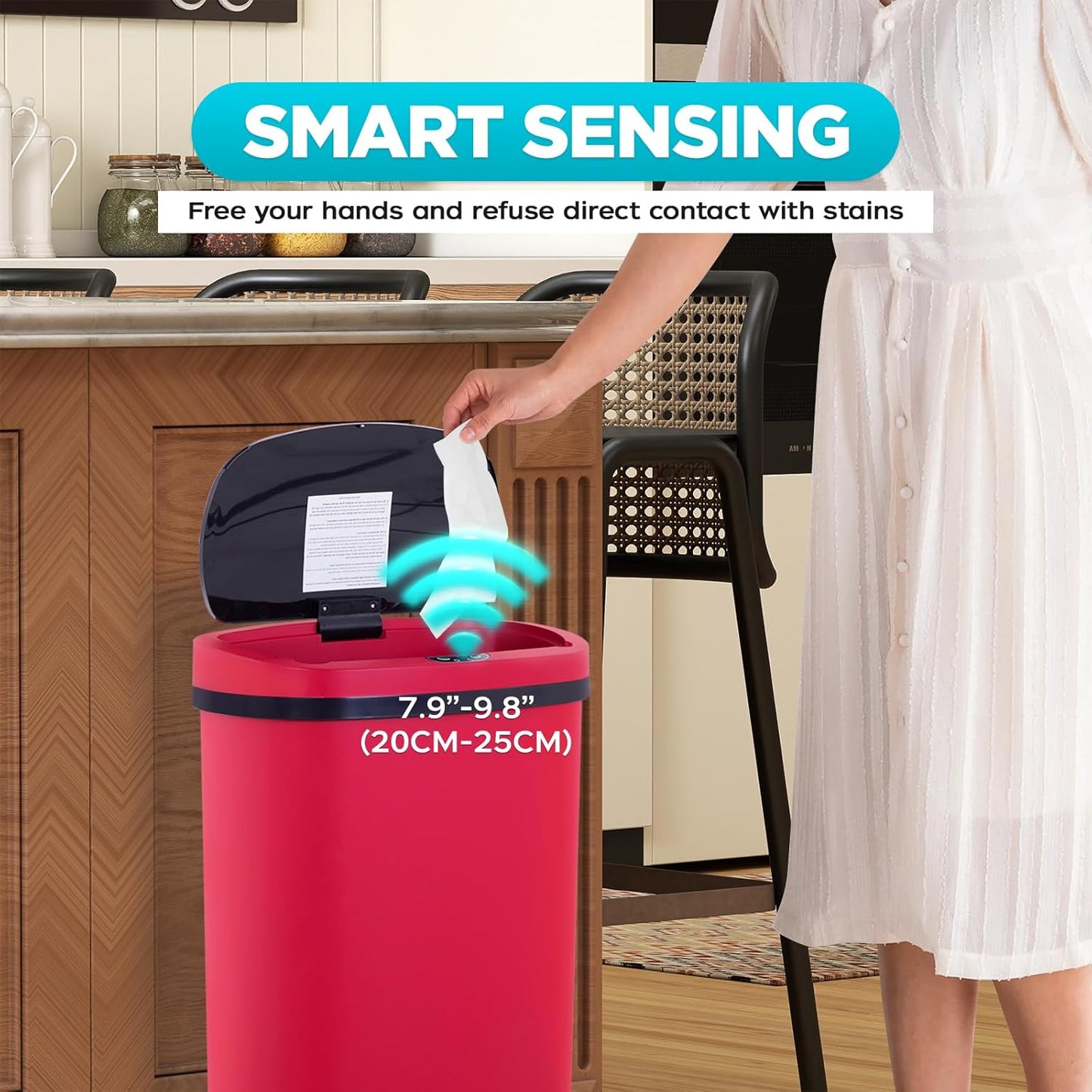 Automatic Motion Sensor Bathroom Trash Can with Lid, 13 Gallon Touchless Trash Bin, Smart Dog Proof Garbage Can, Touch Free Waste Basket for Toilet, Office, Bedroom,Red,2