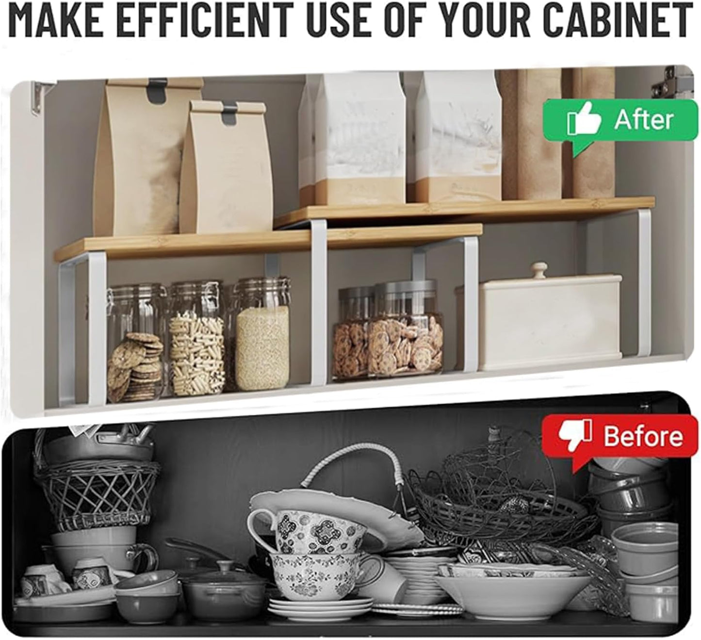 Cabinet Organizer Shelf, Kitchen Counter Storage, 2-Piece Set, Stackable Spice Rack, Metal and Wood (White and Natural Beige)