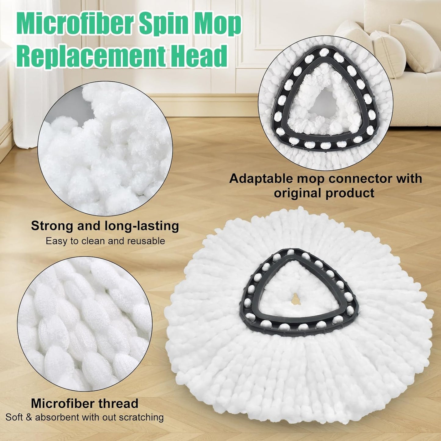 Spin Mop Heads Replacements for O Ceda EasyWring 1-Tank System, 2 Microfiber Mop Head Refills, 4-Section Iron Handle, 1 Base and 1 Scrub Brush Combo Set for Floor Cleaning