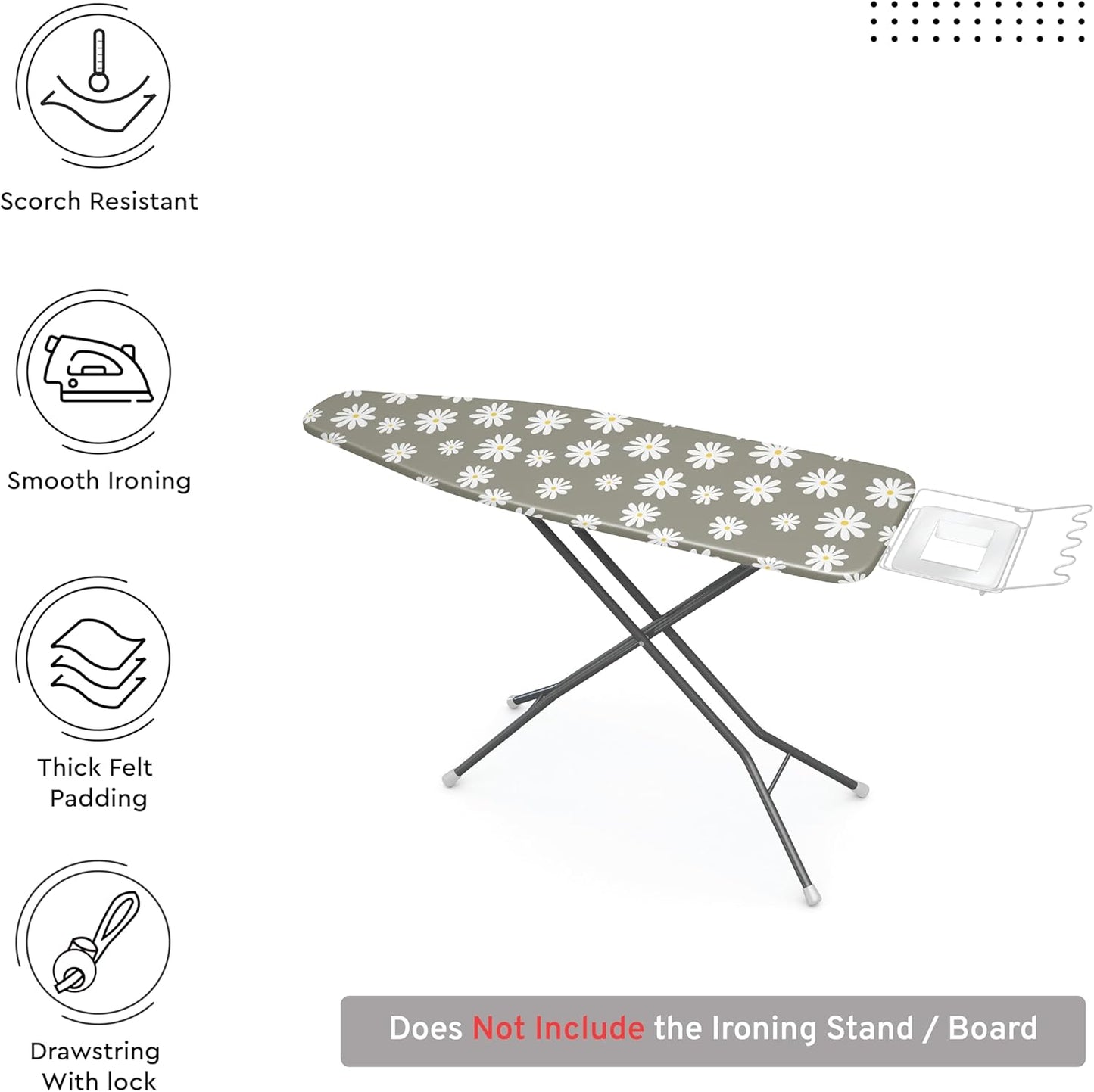 Encasa XO Ironing Board Cover and Pad 49"x18" - Thick 3mm Felt Padding, Drawstring Tightening & Lock, Easy Fit, Scorch & Stain Resistant, Fits Wide Ironing Board - Daisy Grey