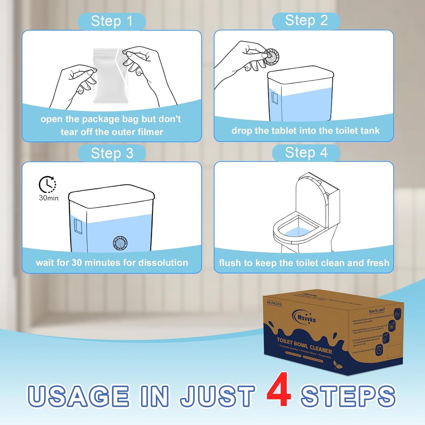 Automatic Toilet Bowl Cleaner Tablets Blue Gel Toilet Tank Cleaners, Septic-Safe Hard Water Ring Stain Remover, Prevent Stain Build Up Bathroom Cleaning & Deodorizer - 60 Tabs