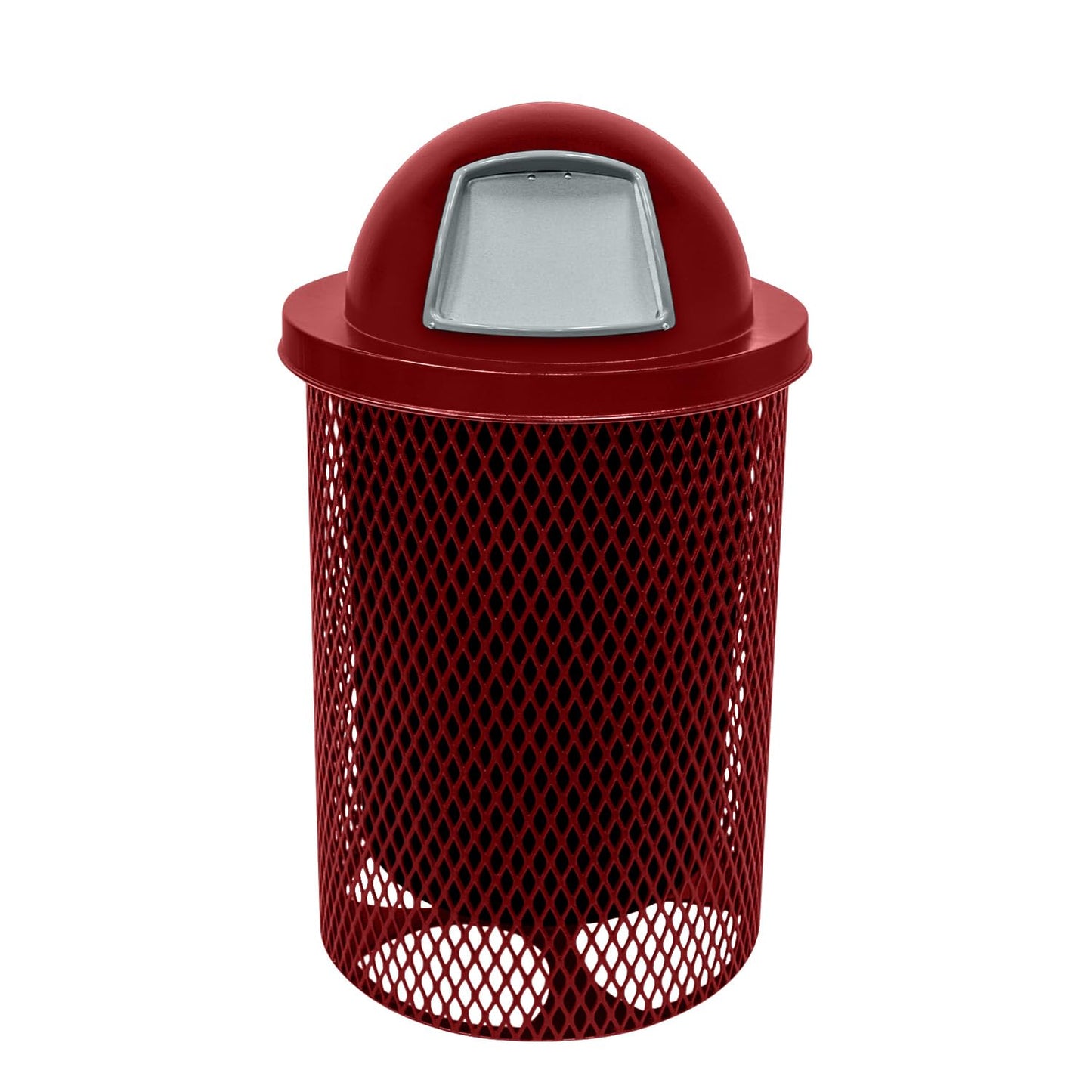 COATEDOUTDOORFURNITURE RDT-TXTBUR Heavy Duty 32 Gallon Round Trash Receptacle, Liner Included, Textured Burgundy with Black Dome, Made in America
