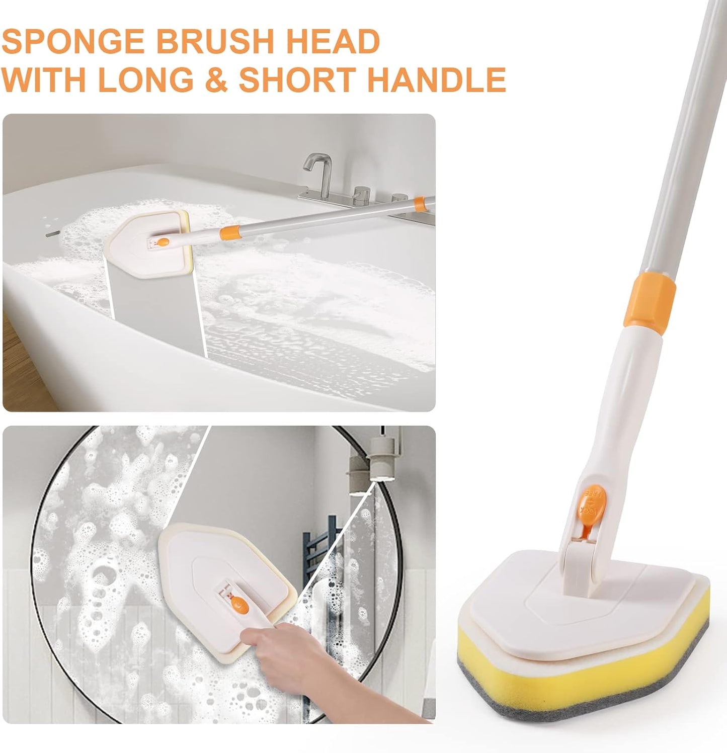 3 in 1 Shower Scrubber Cleaning Brush with Long Handle, 50'' Tub and Tile Grout Scrub Brush Stiff Bristles Lock in Place Scrub Brush Head for Bathroom Kitchen Wall Floor Bathtub Sink Glass - Upgrade