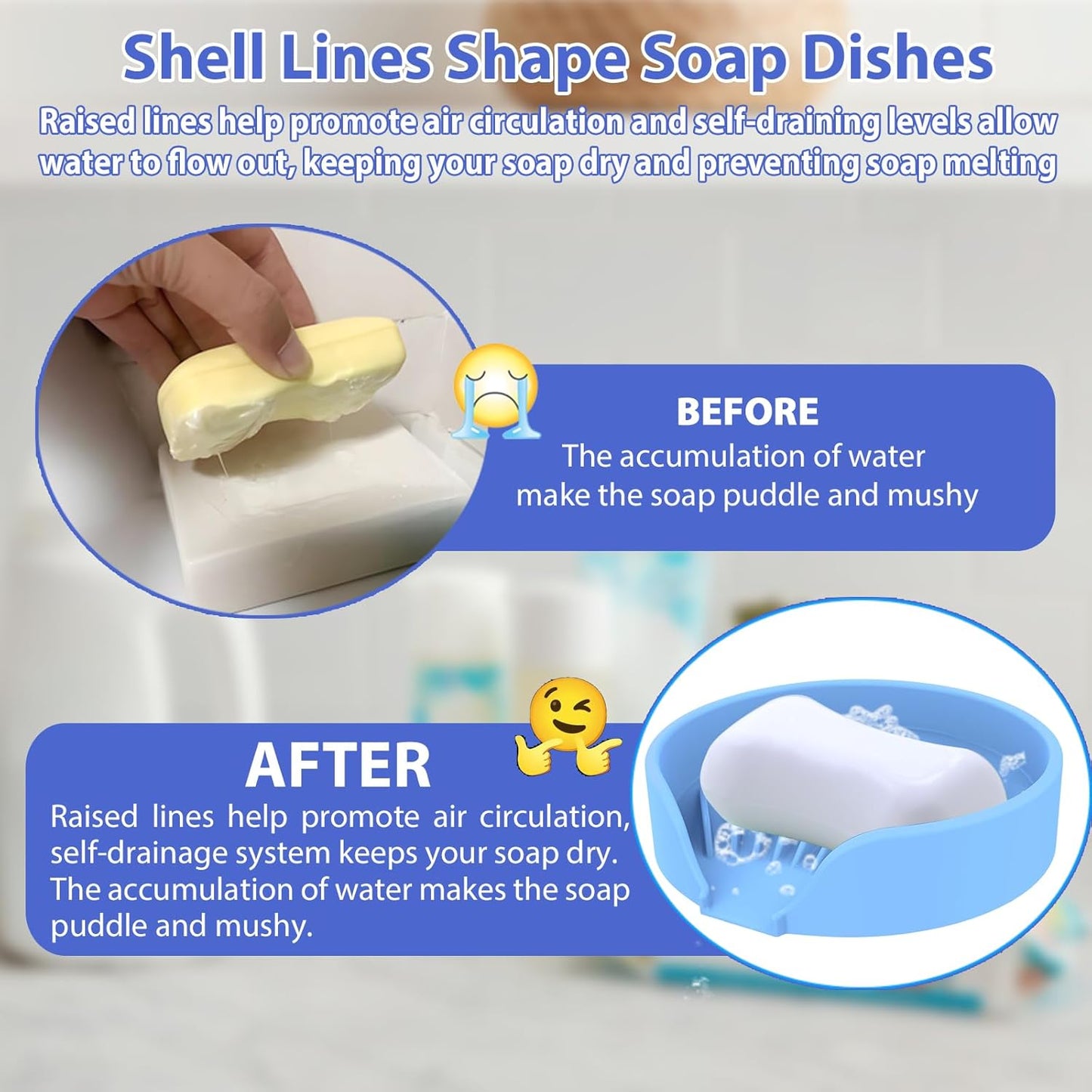 Self Draining Soap Dish, Silicone Suction Cup Soap Holder Tray Savers Container Sponge Holder for Bar Bathroom Shower Kitchen Sink, Can Extend Soap Life (1, Sky)