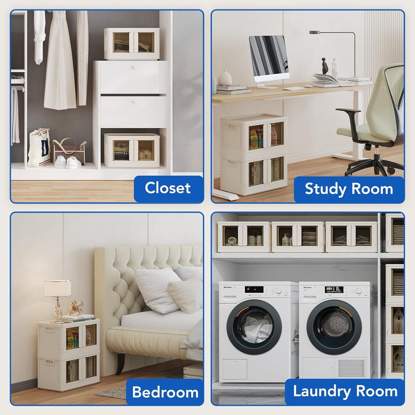 FLEXIMOUNTS 110 QT Stackable Storage Bins With Lids, Collapsible Plastic Storage Bins With Doors and Built-in Wheels For Home Dorm Closet Organizers and Storage, 3 Pack Cubes, Milky White