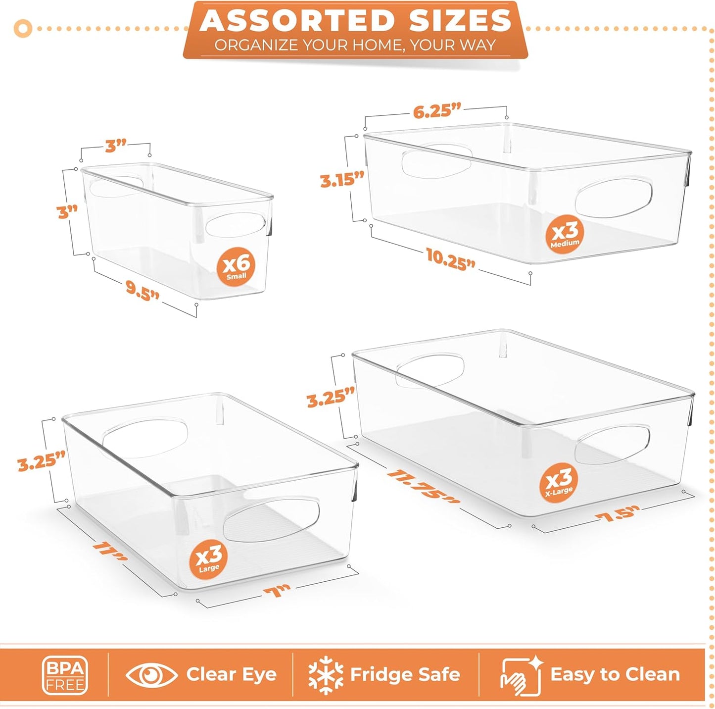 Sorbus Clear Plastic Storage Bins for Organizing, 15 Pack Clear Organizer Bins with Handles, Plastic Storage Bins for Closet, Pantry, Fridge, Medicine Cabinet Organizer, Shelves, Freezer, Drawer