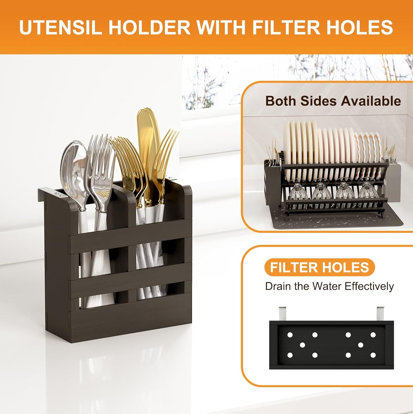 Greenual Black Bamboo Dish Drying Rack with Utensil Holder, 2 Tier Collapsible Dish Rack, Wooden Dish Racks for Kitchen Counter, Folding Drying Holder with Absorbent Dish Drying Mat