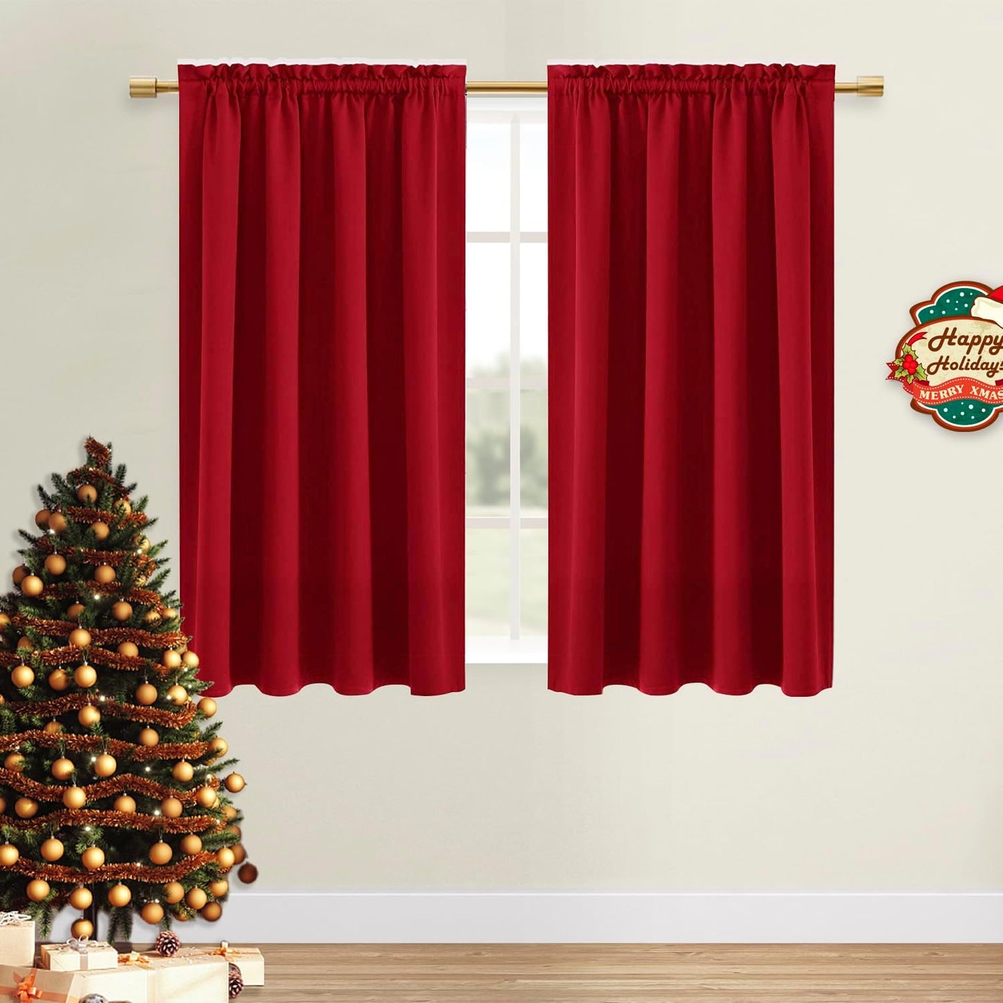 DWCN Christmas Red Blackout Curtains for Bedroom – Rod Pocket Thermal Insulated Energy Saving Drapes for Living Room and Bedroom, W 38 x L 54 Inch, 2 Panels