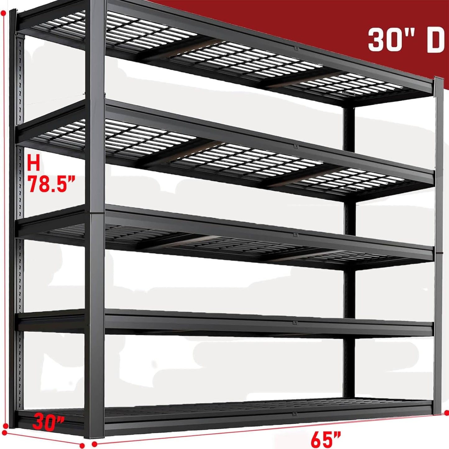 65" W Garage Shelving Heavy Duty, 5 Tier Garage Shelves, 30" D Adjustable Storage Shelving Unit, Commercial Metal Shelf for Warehouse, Pantry, School, Shop, 68" Wx30 Dx79 H, 2 Pack