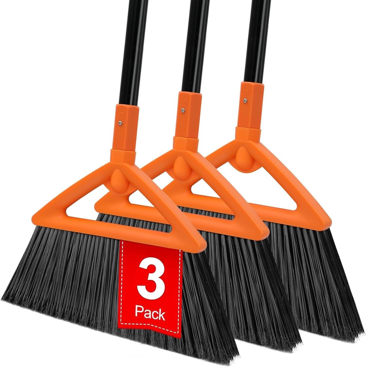 3 Pack Outdoor Indoor Broom, Brooms for Sweeeping Indoor, Heavy-Duty Kitchen Broom with Long Pole, Angle Broom Orange for Garages Restaurant Courtyard Office Slidewalk Lobby Sweep Dust