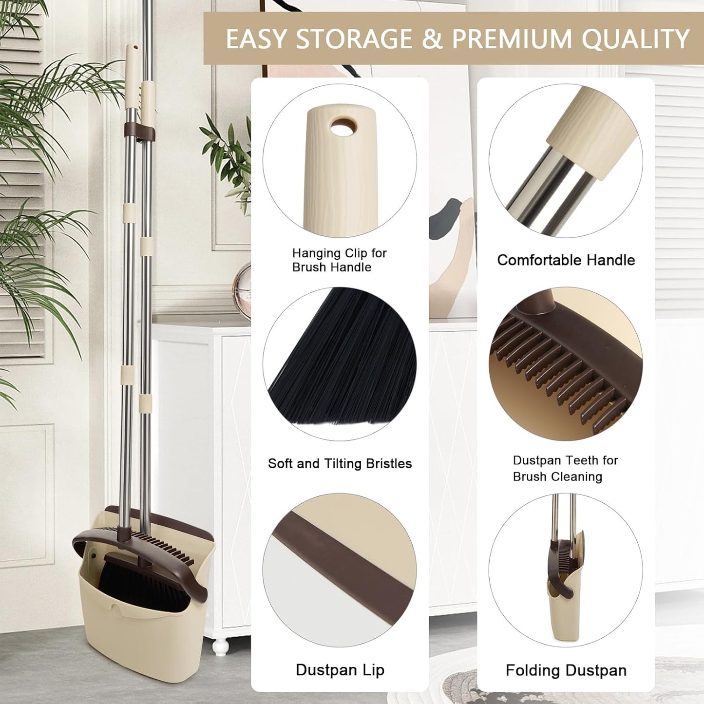 Broom and Dustpan Set, Dustpans with Broom Combo for Home, Heavy Dust Broom and Dustpan Combo, Long Handle Dust Pan and Broom Set for Kitchen, Office, Pet Hair,Beige, Pack of 1