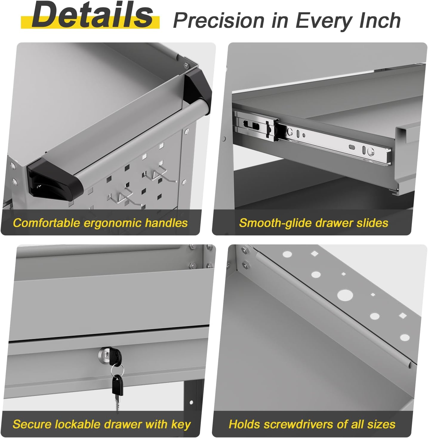 3-Tier Rolling Tool Cart with Drawers, Heavy Duty Utility Storage Cart with pegboard, Lockable Metal Tool Chest on Wheels for Garage, Warehouse & Repair Shop
