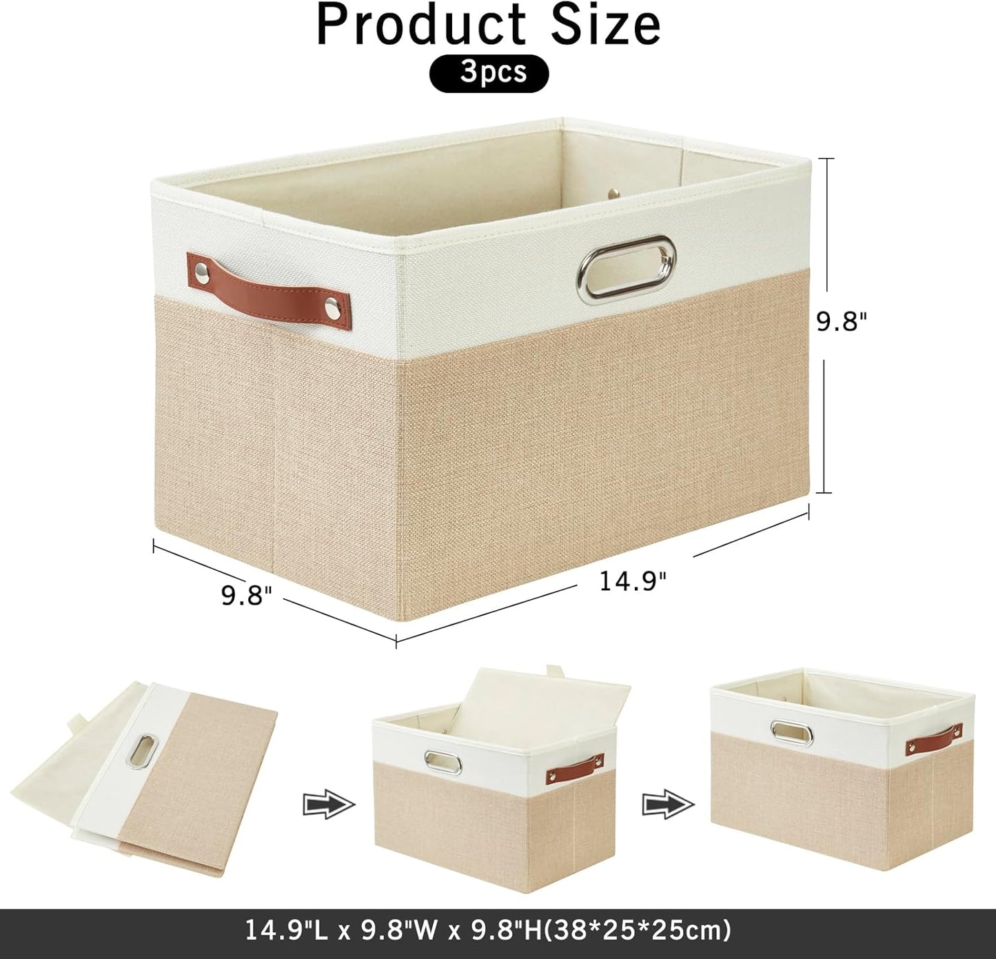 Large Collapsible Fabric Storage Bins with 3 Handles, Foldable Organizer Baskets for Closet, Shelves, Living Room | 3 Pack, Durable PU & Metal Handles (14.9"x9.8"x9.8", Beige & White)