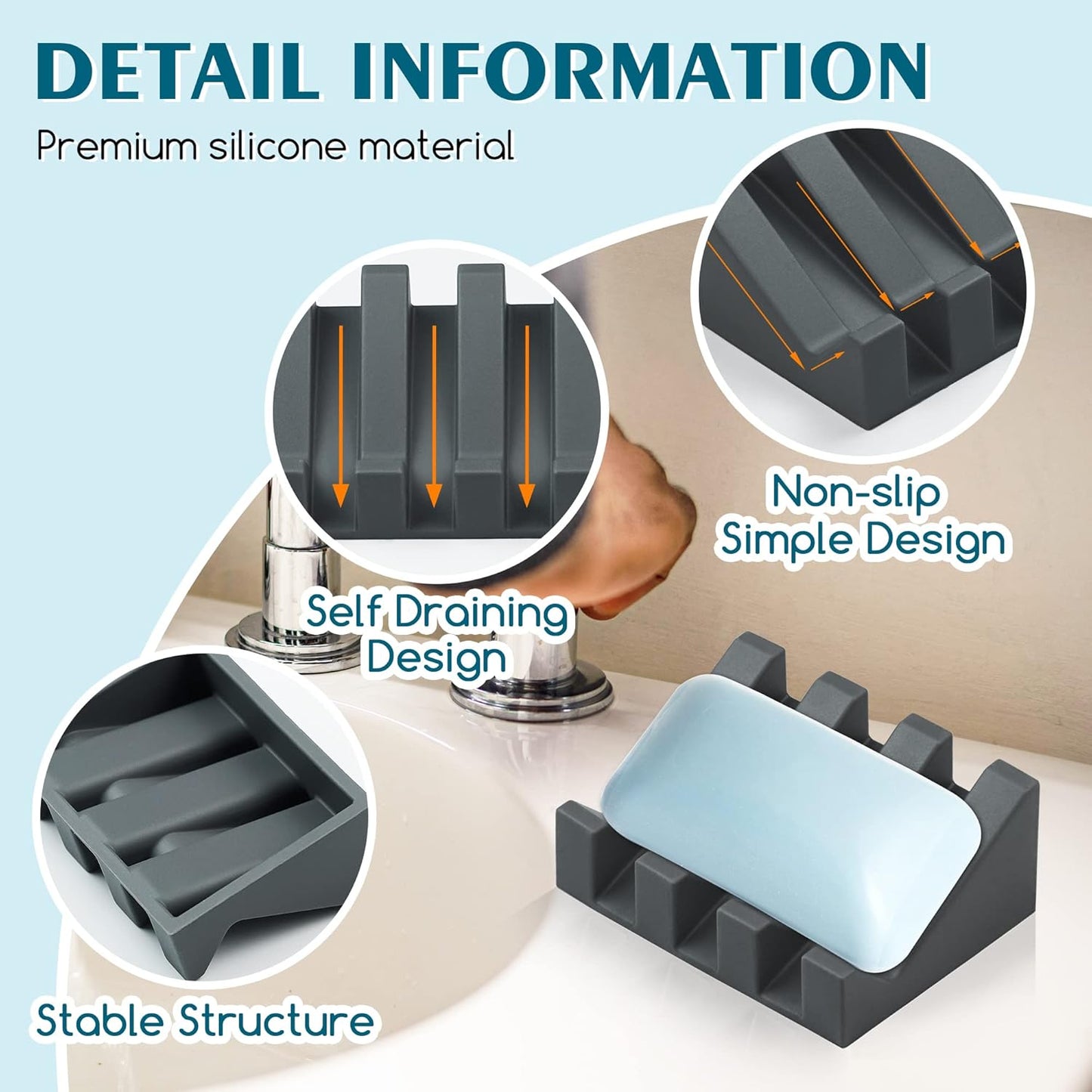 Silicone Soap Dish for Bar Soap Holder for Shower Bathroom Self Draining Waterfall Drying Tray Keep Soap Bars Dry Clean & Easy Cleaning (White Gray Black, 3)