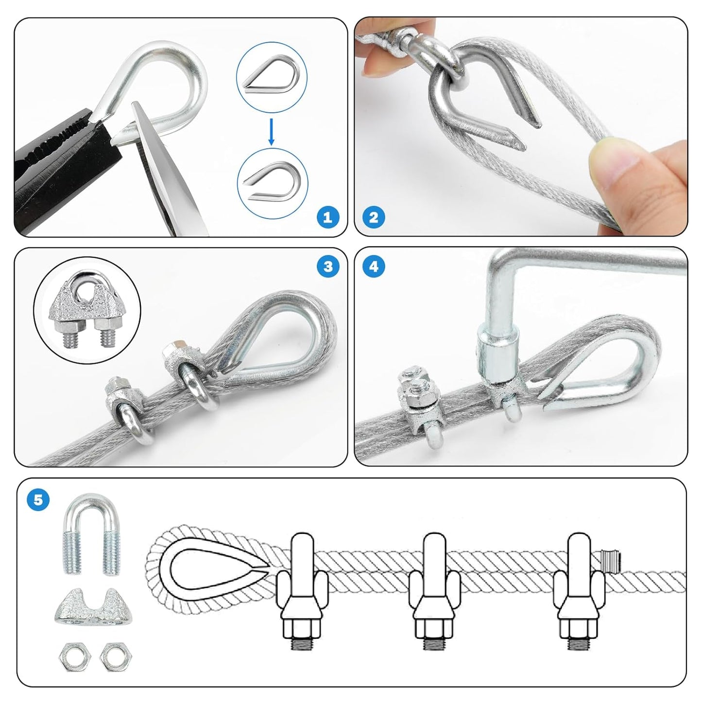 3/16" Wire Rope Kit, 100Ft PVC Coated Steel Cable Guide Wire Tensioner Strainer Kit w/ 7×7 Strand Core Steel Wire for String Light Hanging Kit/Decking & Stair Railings/Shade Sails/Clothes Line
