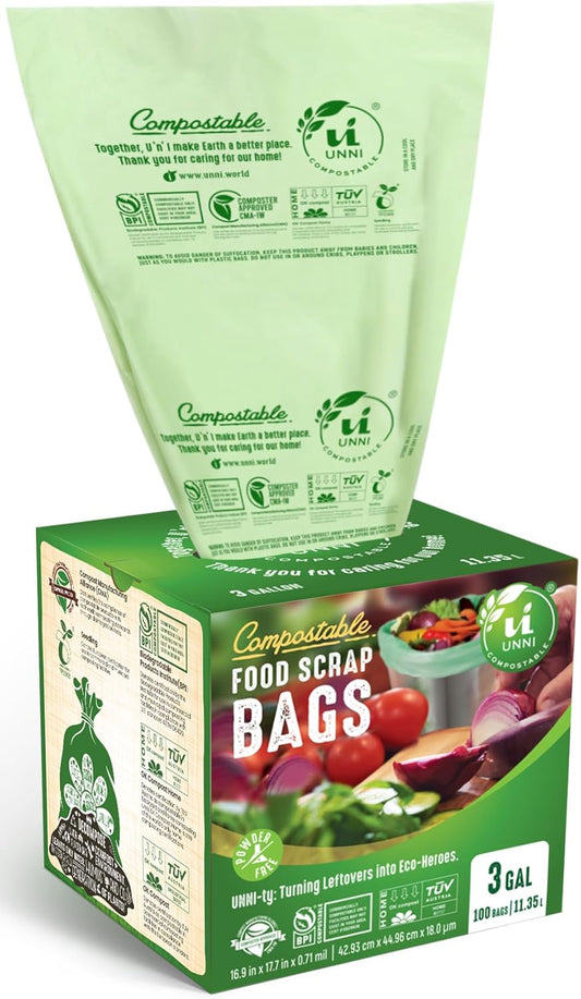 UNNI Compostable Trash Bags, 3 Gallon / 11.35 Liter, 200 Count, Extra Thick 0.71 Mil Small Kitchen Food Scrap Bin Liners, Certified by BPI, CMA & OK compost HOME, Meets the ASTM D6400 Standard