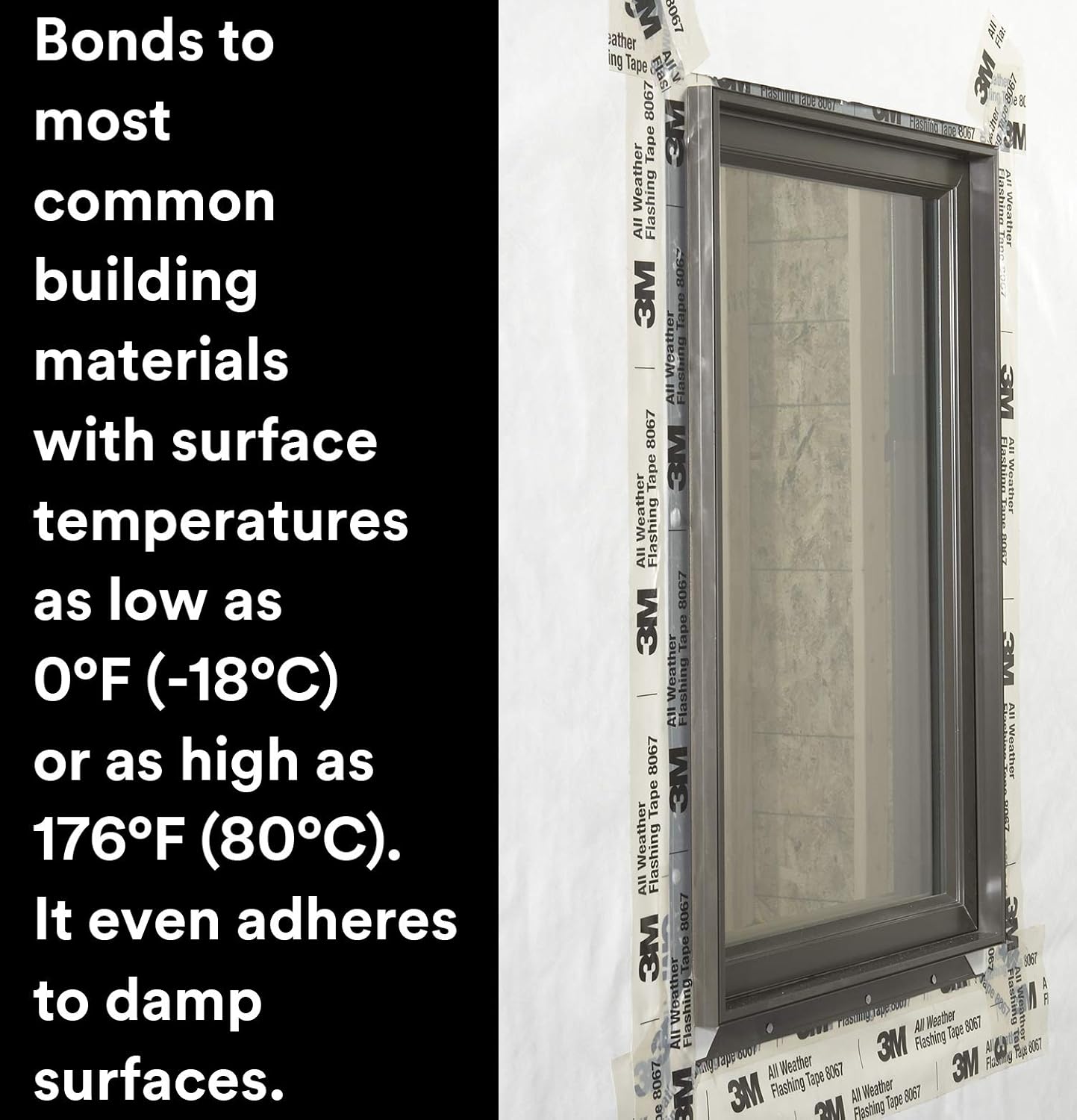 3M All Weather Flashing Tape 8067, 9 in x 75 ft, 1 Roll, Adhesive Backed Split Liner, Prevents Moisture Intrusion, Waterproof Flashing Seals Doors, Windows, Openings in Wood Frame Construction