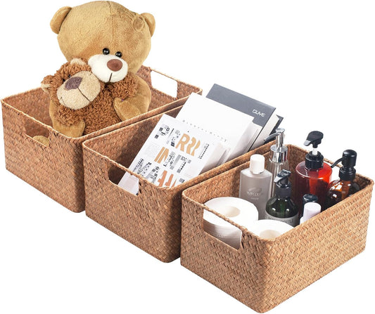 YANGQIHOME Wicker Baskets, [Set of 3] Woven Baskets for Storage, Seagrass Storage Baskets for Organizing with Built-in Handles, Open Storage Bins, Multisize, Natural