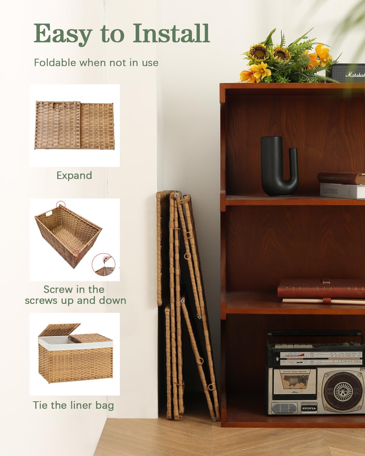 Storage Basket with Lid Rattan Woven Storage Baskets with 2 Separate Lids, 17.2 Gallon (65 L), 22 x 13 x 13.8 Inches,Foldable, 2 Removable Liner Bags Handles for Bedroom, Laundry Room Natural