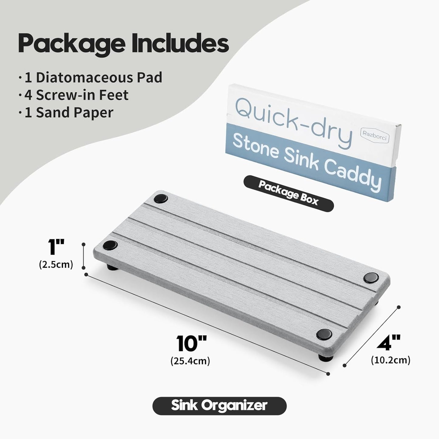 Fast Stone Drying Tray Diatomite Sponge Holder Mat, Kitchen Sink Organizer Sink Caddy, Kitchen & Bathroom Counter Makeup Vanity Dispenser Toothbrush Bottle Soap Dish Rack,Light Gray, 10" x 4"