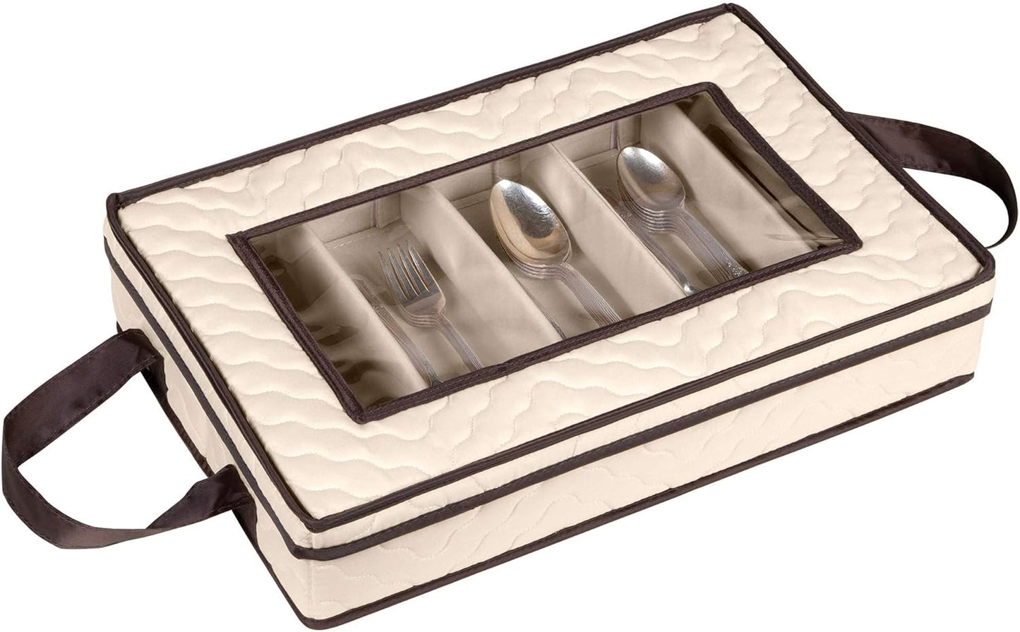 Flatware Storage Case - Durable 5 Compartment Silverware Storage Container Box with Removable Lid and Easy to Carry Handles - Large Capacity Keeps Your Cutlery Organized & Protected - Beige