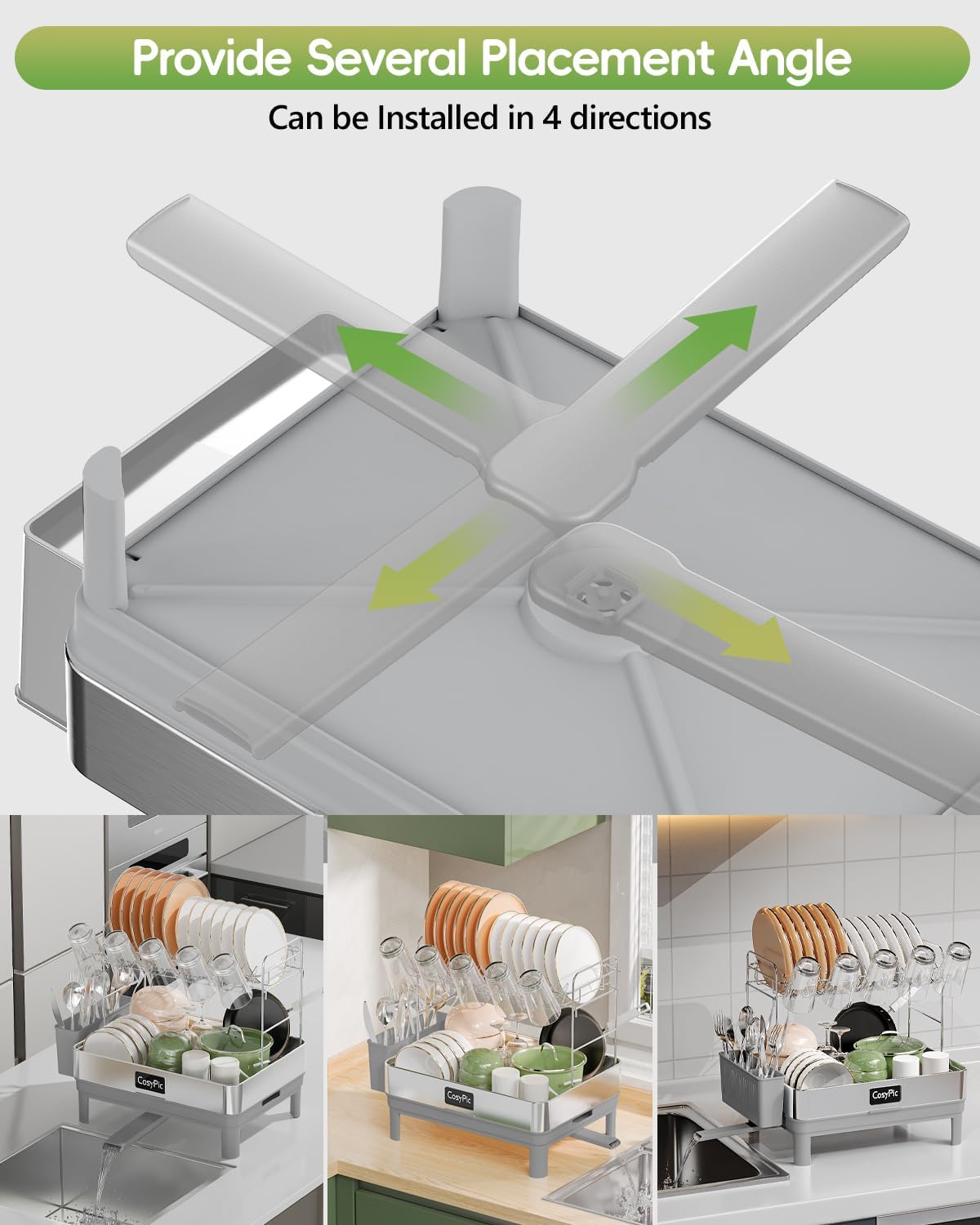 2 Tier Dish Drying Rack, Thicker Premium 304 Stainless Steel Dish Racks for Kitchen Counter, Automatic Drainage Spout, Dish Drainer & Drainboard Set with Utensil Holder and Cup Holder, Grey