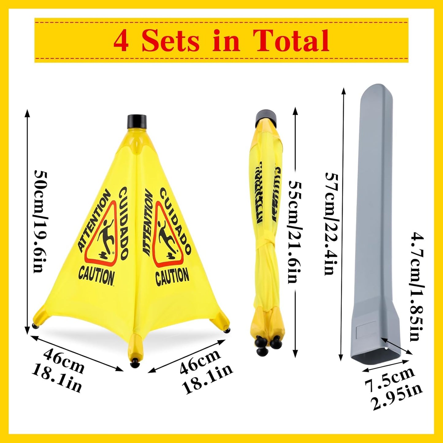 4-Packs Wet Floor Signs 20 Inch, Pop UP Bilingual Yellow Caution Wet Floor Sign with Wall Mounted Storage Tube Foldable, Slip Carefully Safety Cone Signs Pop up Caution Commercial Sign