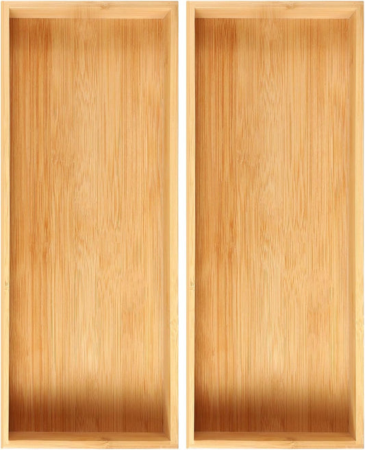 Fabsome Kitchen Utensil Drawer Organizer, Bamboo Silverware Cutlery Flatware Organizer Bins, Wooden Container Storage Trays for Bathroom Vanity Junk Drawer, 15" x 6" Set of 2