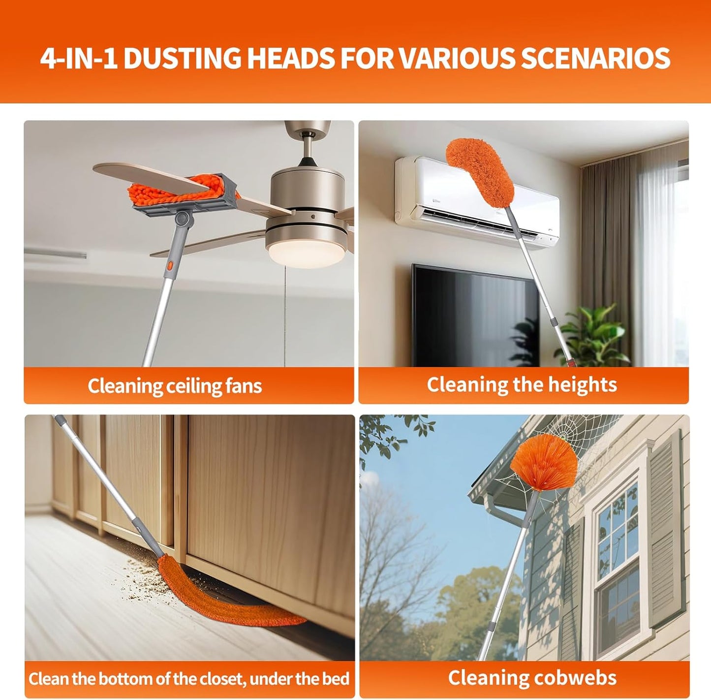 Ceiling Fan Cleaner Duster with 72‘’ Extendable Long Handle Cleaning Duster Kit, Reusable Chenille & Microfiber Mop Head for High Ceiling Fan Blade Wall Blinds Cobweb