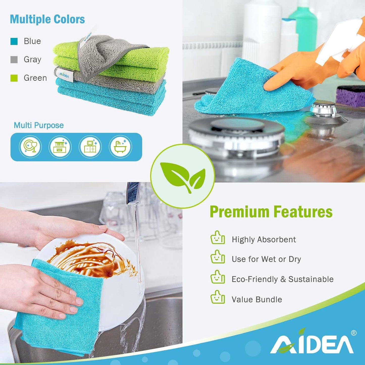 AIDEA Microfiber Cleaning Cloth-24PK, Soft Microfiber Towels for Cars, Absorbent Cleaning Rags, Lint-Free Streak-Free Wash Cloths for House, Kitchen, Window(12in.x12in)