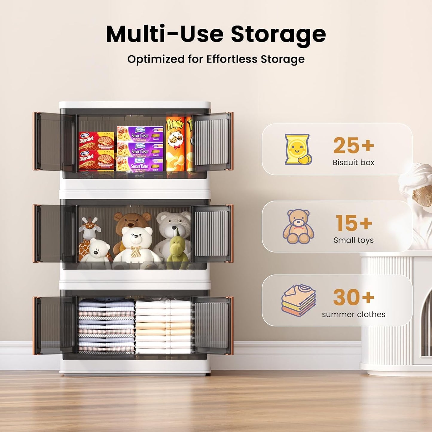 8.4Gal Collapsible Storage Bins with Lids & Wheels - 2 Pack Stackable with Doors, Heavy-Duty Plastic Containers for Home/Office, White