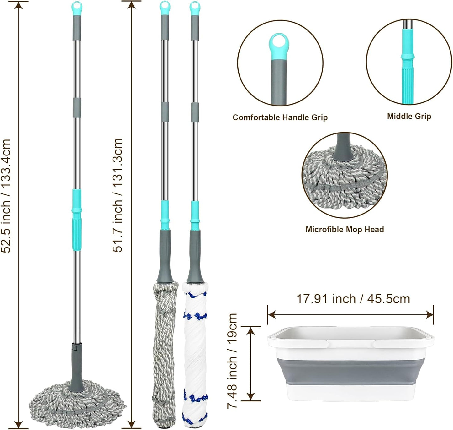 Self Wringing Mop with Bucket- Easy Squeeze Twist Mop with 52.5 Inch Long Handle, Heavy Duty for Hardwood, Tile, Vinyl & Laminate Floors (Gray+White)