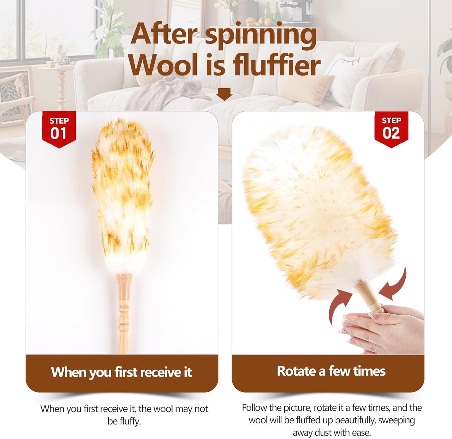 Lambswool Duster for Cleaning with Solid Wooden Handle Leather Hang Strap 19.6 inch Natural Feather Duster for Cleaning Ceiling Fans Window Blinds Computer Furniture(2 Pack)