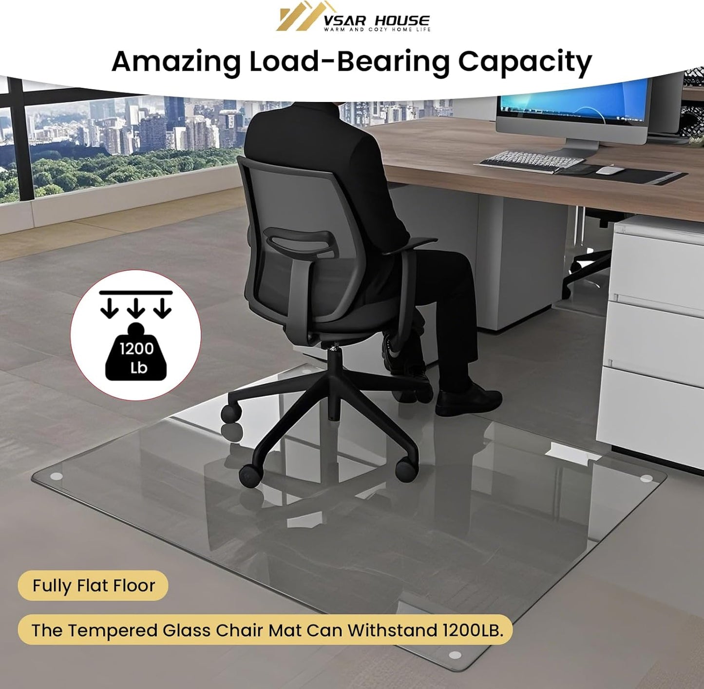 55"x46" Tempered Glass Chair Mat, Heavy Duty Glass Office Floor Mat for Carpet or Hardwood Floors, with Non-Slip Pads, Round Corner and Polished Edge, Effortless Rolling, Thick 1/5"