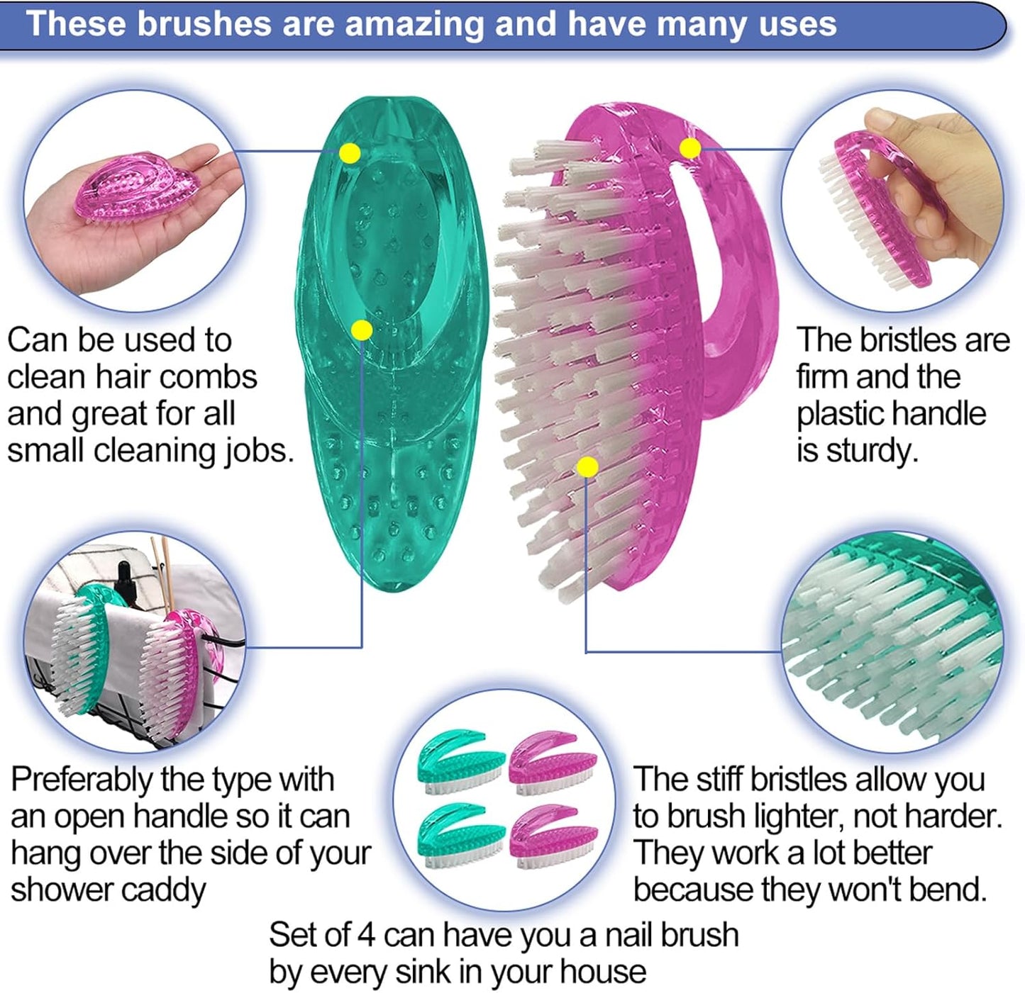 Handle Grip Nail Brush for Cleaning Fingernails Hands & Under Nails, Stiff Bristle Mechanic Scrub Brush Cleaner for Men Women, Pedicure Scrubbing Tool Kit (2 Pink + 2 Green)