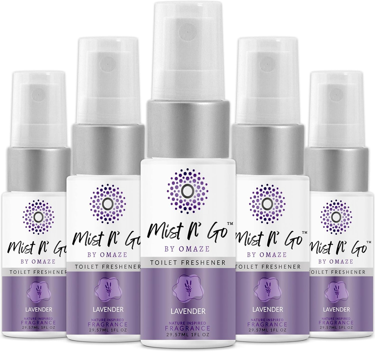 Mist N’ Go by Omaze Travel Bathroom Spray for Toilet Spray Odor Eliminator - Travel Toilet Spray for Bathroom Air Freshener Spray for Bathroom Deodorizer - Lavender Travel Size (1oz x5)