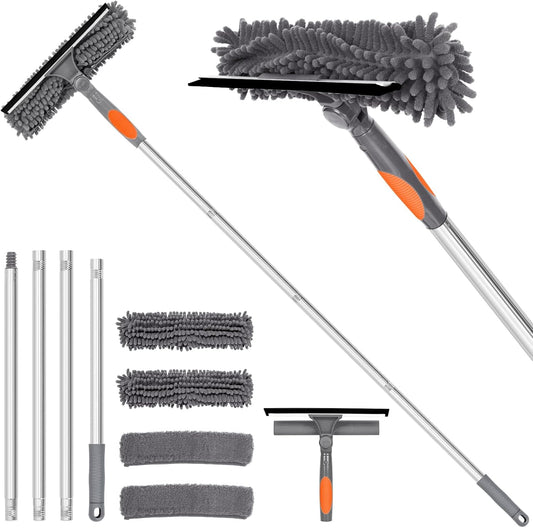 Professional 72'' Window Squeegee Cleaning Washing Tool/Kit with Extension Pole, 3 in 1 Squeegee for Window Cleaning Kit for High Window with 1 Rotatable Head 4 Interchangeable Scrubber