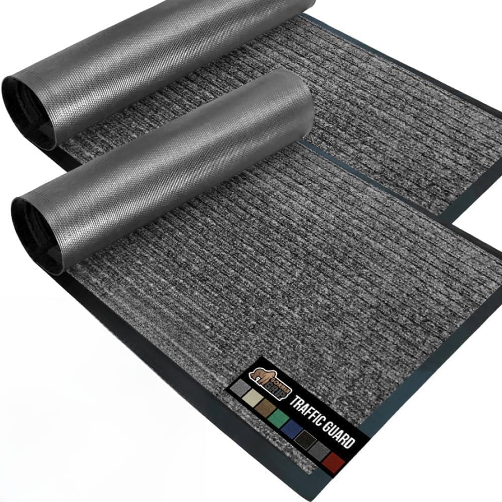 GORILLA GRIP Traffic Guard Door Mat, 2 Pack, Heavy Duty Waterproof Doormat, Commercial Office Space Welcome Mats, Stain and Fade Resistant, Low Profile, Strong Rubber Backing, 35x23, Light Gray