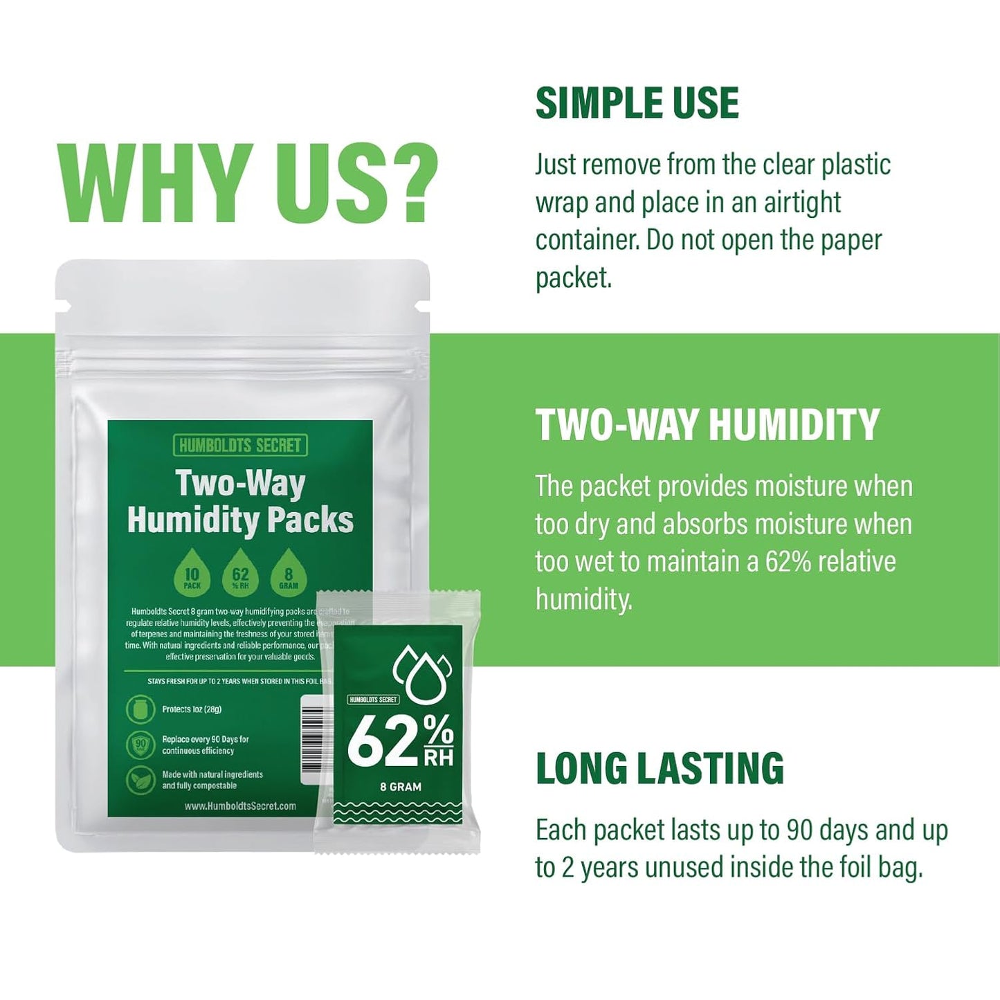 Humboldts Secret 62% Humidity Packs RH 2-Way | Moisture Absorber & Regulator for Small Containers | Relative Humidity Control Packets with Resealable Bag | 2 Way Humidity Control Packs | Pack of 10