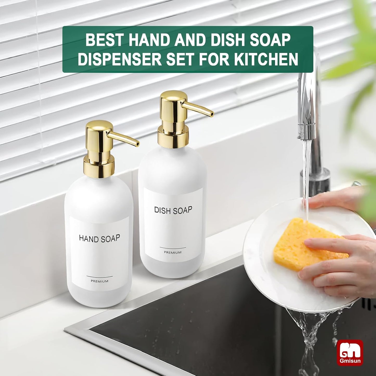 GMISUN White Soap Dispenser, 2 Pack Glass Hand Soap Dispensers Bathroom with Gold Pump, 17 Fl Oz Dish Soap Dispenser Set for Kitchen, Refillable Modern Liquid Soap and Lotion Dispensers Bottle