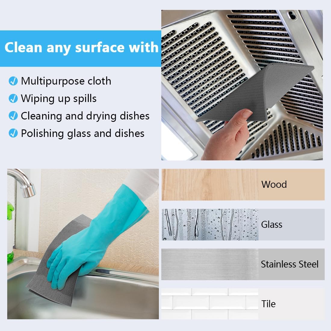 HOMEXCEL Swedish Dishcloths for Kitchen 10 Pack, Sponge Dish Cloth for Counters & Washing Dishes, Reusable and Absorbent Paper Towels, Grey