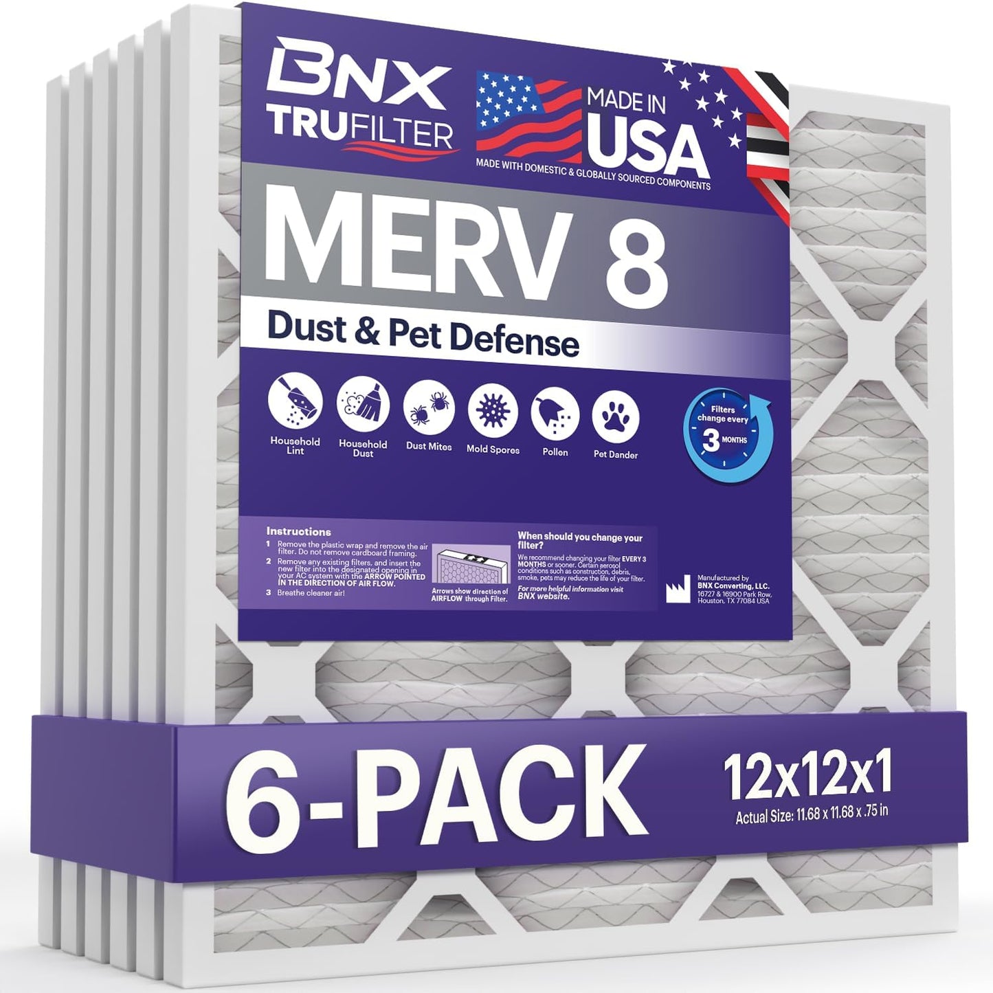 BNX TruFilter 12x12x1 Air Filter MERV 8 (6-Pack) - MADE IN USA – Dust & Pet Defense Pleated Air Conditioner HVAC AC Furnace Filters for Dust, Pet, Mold, Pollen MPR 600 – 700 & FPR 5