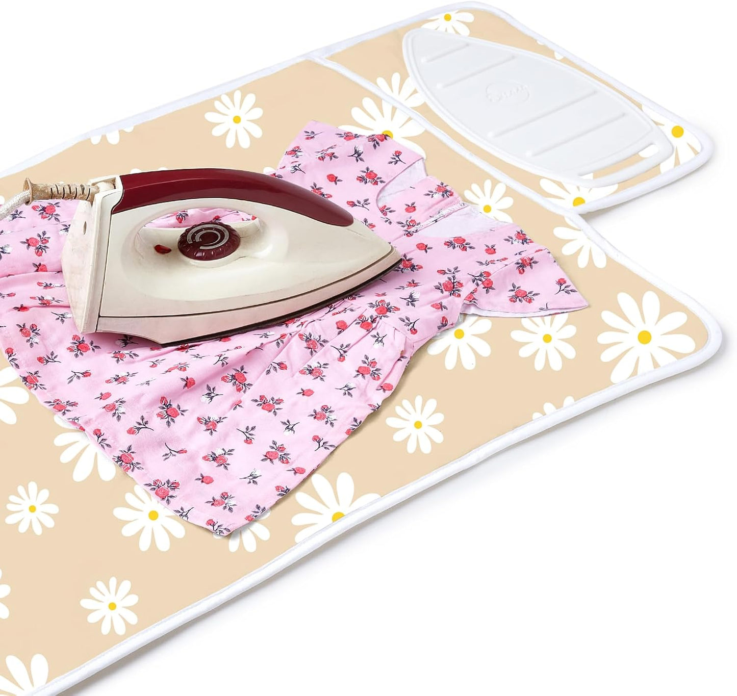 Encasa XO Ironing Mat/Pad (Small 28"x20") with 3mm Padding & Silicone Iron Rest for Steam Pressing on Tabletop or Bed - Heat Resistant, Portable, Quilting & Travel Blanket - Daisy Beige