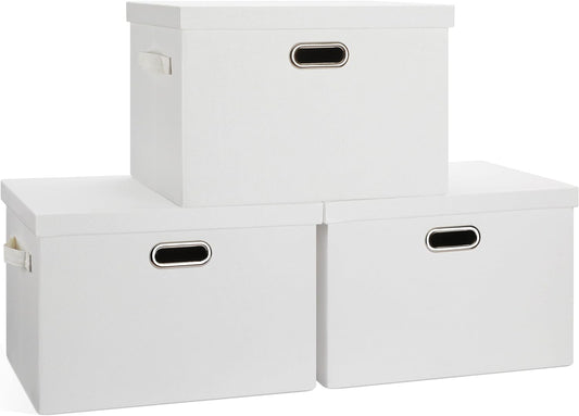 Large 17" 36 Quart Collapsible Stackable Storage Bins with Lids, 3 Packs White Linen Fabric Closet Boxes with Lids, Storage Cube Baskets Container Organizers for Bedroom Office(17 x12 x11)