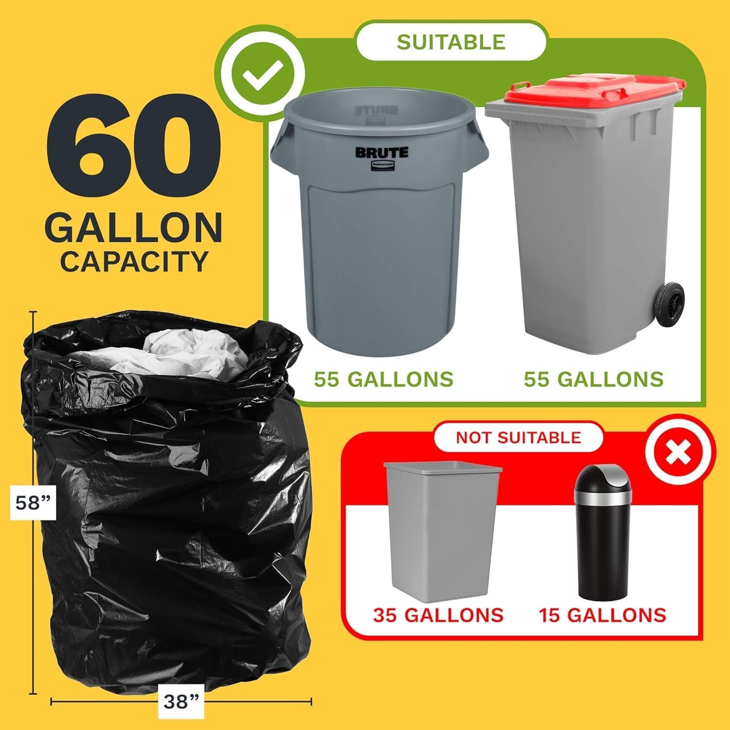 ToughBag 55 Gallon Trash Bags Heavy Duty (100 Count) - 50-60 Gallon Black Garbage Bags, Large Trash Bags - 38 x 58" - Made in USA