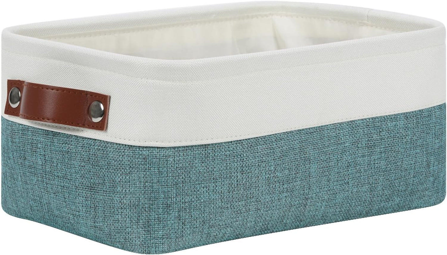 DULLEMELO Small Storage Bin,Small Fabric Rectangular Storage Basket for Shelves,Foldable Bin with Handles for Toy and Clothes Storage (White&Dark Green,1 PACK)