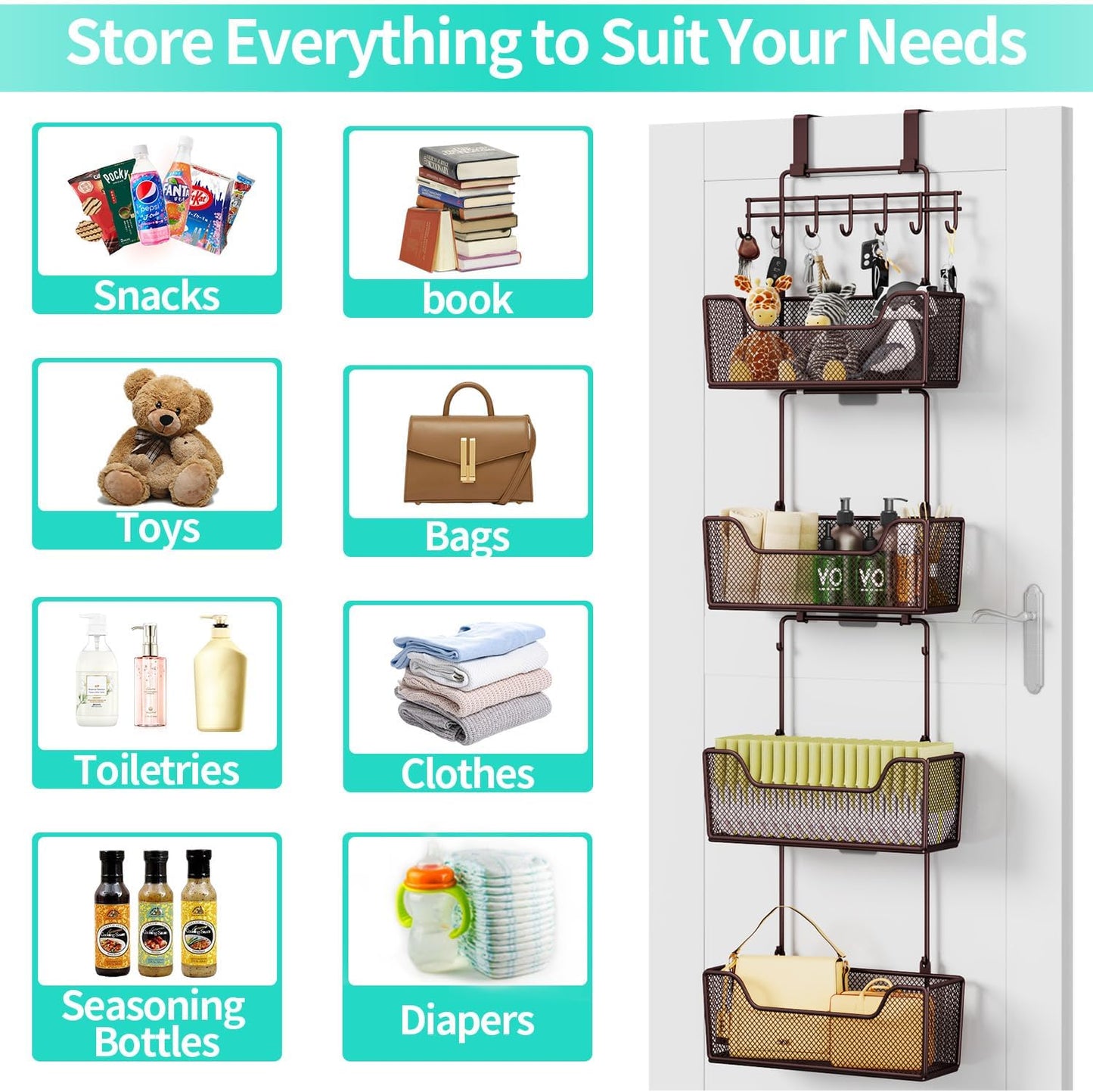 HapiRm Over The Door Organizer - Hanging Door Organizer with 4 Metal Large Capacity Baskets and Adjustable Coat Hook for Bathroom Bedroom Kitchen Pantry Closet Cabinet