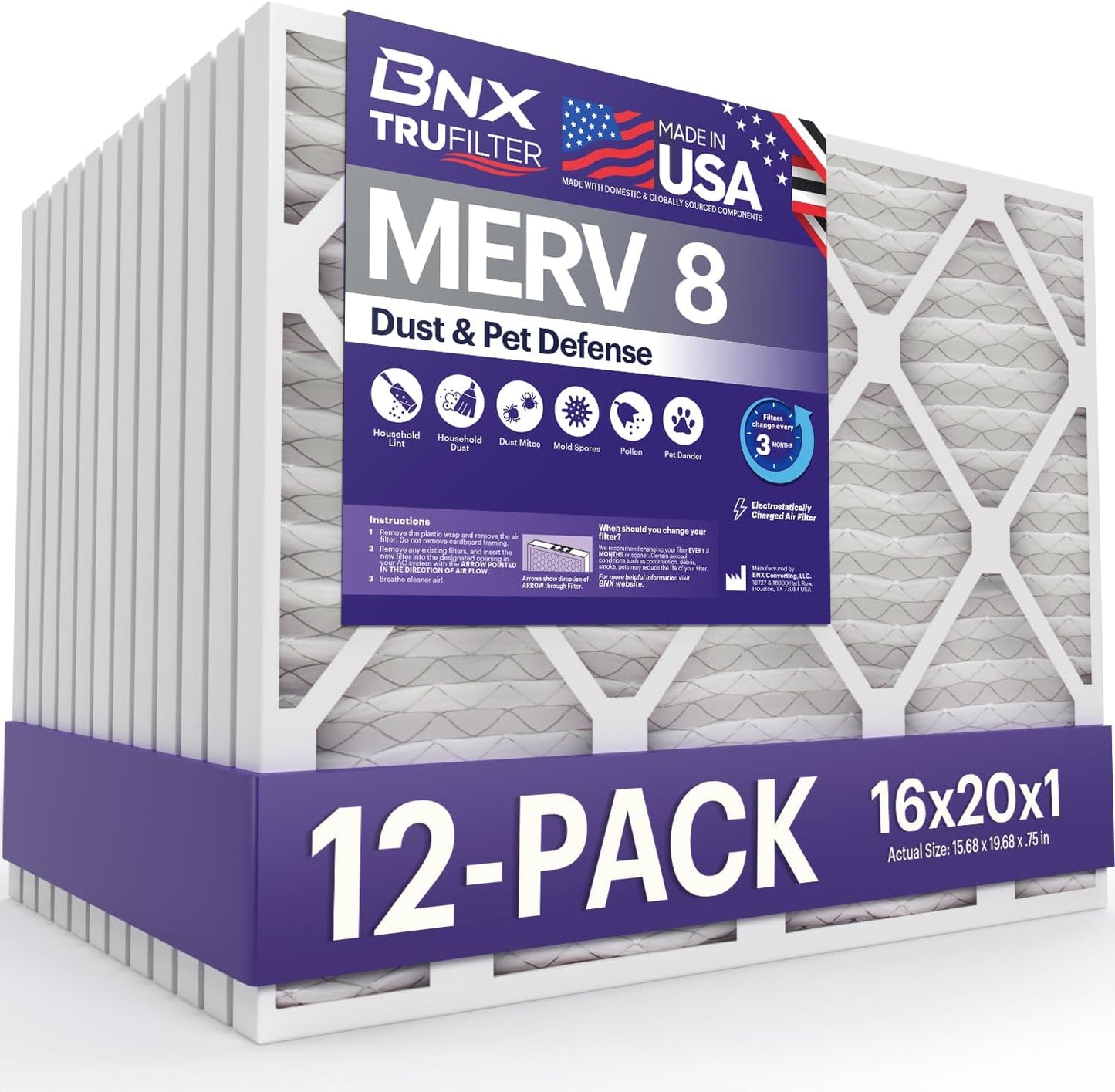 BNX TruFilter 16x20x1 Air Filter MERV 8 (12-Pack) - MADE IN USA – Dust & Pet Defense Electrostatic Pleated Air Conditioner HVAC AC Furnace Filters for Dust, Pet, Mold, Pollen MPR 600 – 700 & FPR 5